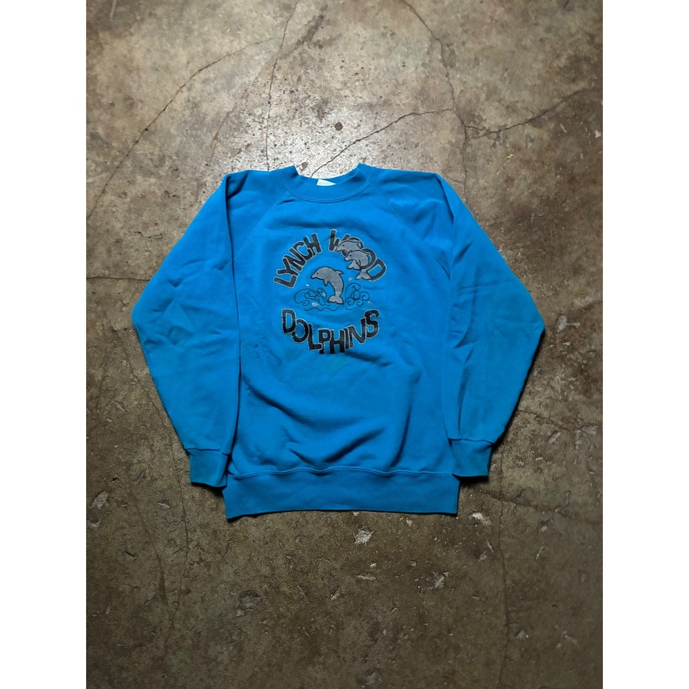Vintage 90s Hanes Lynch Wood Dolphins Sweatshirt Blue Made in USA Medium